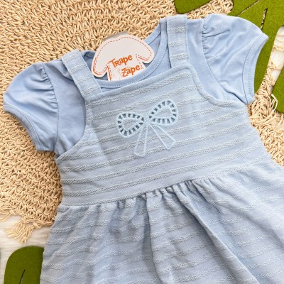 Conj. Blusa Manga Curta e Vestido em Linho com Laço em Lese - Azul Claro